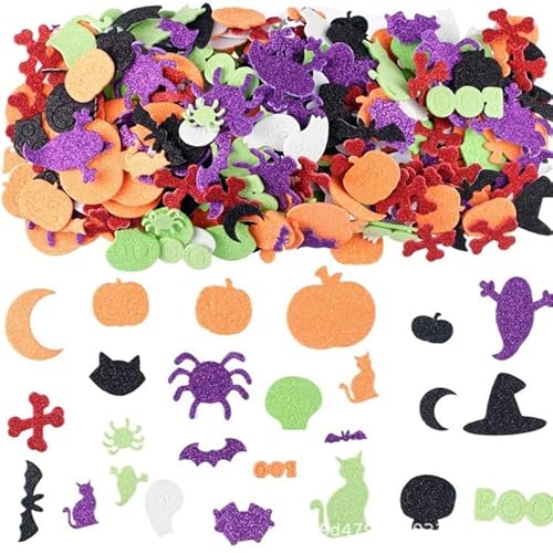 Beiyan 100 Stücke Moosgummi Halloween Glitzer Aufkleber, Halloween Sticker, Fledermaus Spinne Kürbis Halloween Selbstklebend Aufkleber für Halloween Deko, Kinder Teens Erwachsene Reisekoffer, Laptop von Beiyan