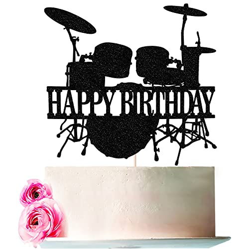 Bejotaa Happy Birthday Music Cake Topper, Drum Rock Pop Thema Schwarz Glitzer Dekor Picks, Happy Birthday Rock Star Cupcake Topper Dekor für Babyparty Rap Kuchendekoration Party Dekorationen von Bejotaa