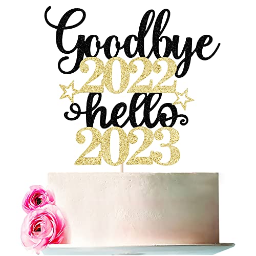 Bejotaa Happy New Year 2023 Cake Topper, Black Gold Glitter goodbye 2022 hello 2023 Schild, Hello 2023, Welcome 2023 New Year Christmas Cake Decoration von Bejotaa