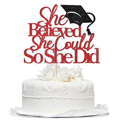 She Believed She Could So She Did Cake Topper, 2023 Graduation Cake Topper, Abschlussdekorationen für Mädchen, 2023 High School/College/University Graduation Party Dekoration Supplies. (Rot und schwarz) von Bekaterea