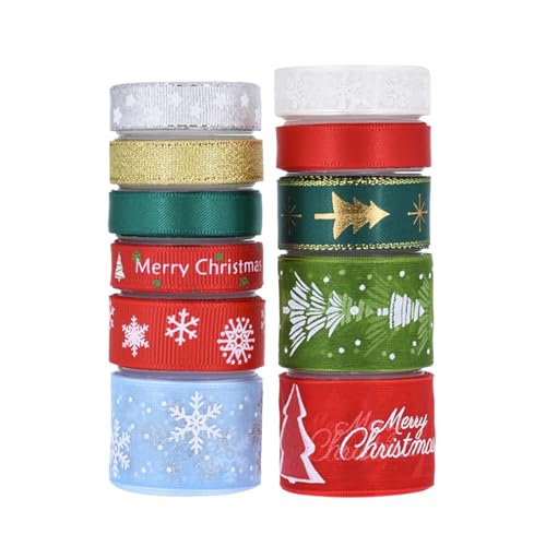 Bekecidi 11 Rollen Weihnachtsband zum Verpacken von Geschenken, Bedrucktes Ripsband, Polyester-Satinband zum Basteln von Schleifen, Geschenken, Kränzen, Baumschmuck (22 Yard) von Bekecidi