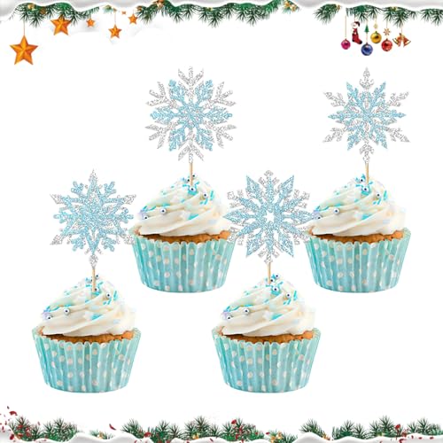 Bekecidi 12er-Pack Cupcake-Topper mit Weihnachts-Schneeflockenmotiv,langlebige Papier-Schneeflocken-Dekorationen für Geburtstage und Hochzeiten,zweifarbige Kuchendekorationen für unvergessliche Partys von Bekecidi