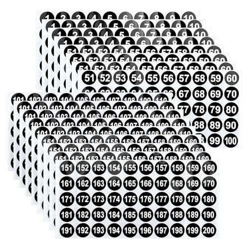 Bekecidi 16 Blatt runde Zahlenaufkleber, 1 bis 200 Zahlenaufkleber, Selbstklebende Zahlenetiketten für Drinnen, Draußen, Lagerung, Klassifizierung, Boxen, 2,5 cm von Bekecidi