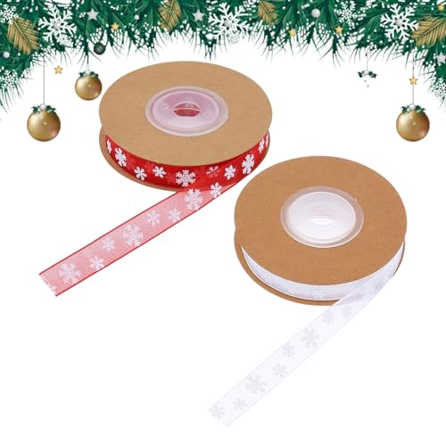 Bekecidi 2 Rollen Weihnachtsband, rot und weiß, Weihnachtsband zum Verpacken von Geschenken, Schneeflockenstoff, Bastelband, Weihnachtsband, Geschenkband für Kränze, Weihnachtsbaum, Geschenke, von Bekecidi