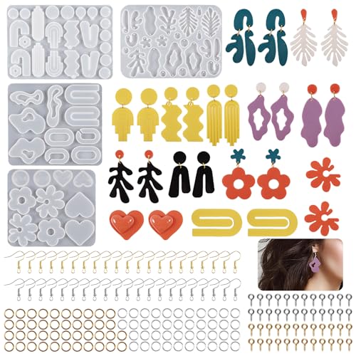 Bekecidi 204 Pcs Silikon Schmuck Harz Formen Set, Epoxidharz-Formen, Ohrring-Silikonform mit Ohrring-Haken, verschiedene Formen, Harzgussformen für Anhänger Schmuckherstellung Kit DIY Basteln von Bekecidi