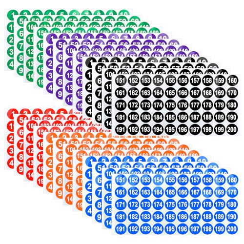 Bekecidi 24 Blatt runde Zahlenaufkleber, 1 bis 200 Zahlenaufkleber, Selbstklebende Zahlenetiketten für Drinnen, Draußen, Lagerung, Klassifizierung, Boxen, 2,5 cm von Bekecidi