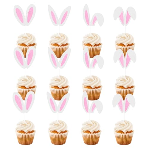 Bekecidi 24 Stück Osterhasenohren-Kuchenaufsätze, glitzernde Hasen-Cupcake-Dekorationen, lustige Papier-Oster-Cupcake-Topper für Happy Easter Geburtstag Babyparty Party Supplies von Bekecidi