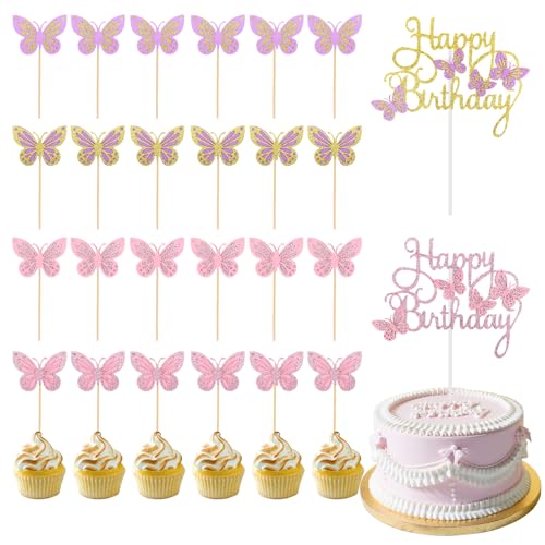 Bekecidi 26 Stück Happy Birthday Kuchenaufsätze mit Schmetterlingen, Kuchendekorationen, Glitzernde Schmetterlings Kuchenaufsätze aus Papier, Gold Rosa Cupcake Dekorationen von Bekecidi