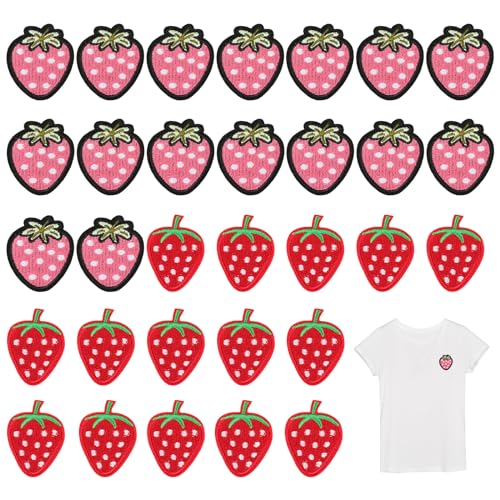 Bekecidi 30 Stück Erdbeer-Aufnäher zum Aufbügeln, Erdbeere, bestickte Applikationen, zum Aufbügeln für Kleidung, Rucksäcke, Jeans, Hüte, Jacken, Reparaturdekoration von Bekecidi