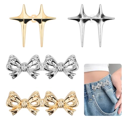 Bekecidi 4 Paar Knöpfe Hosen Enger Machen, Stern Schleife Jean Knopfnadeln Verstellbar Taillenschnallen Hose Enger Machen Clip Jeans Knöpfe Abnehmbar Taillenstraffer for Hosen Jeans (Silber, Gold) von Bekecidi