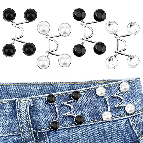 Bekecidi 4 Sets Jeans Taillenstraffer, Kein Nähen, Abnehmbare Hosenknöpfe Erforderlich, Jeans Taillenschnalle, Jeans Taillenverstellknopf (Perle+Strass; Schwarz+Weiß) von Bekecidi