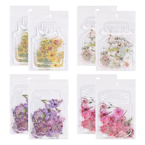 Bekecidi 480 Stück Blumen Aufkleber zum Basteln, Selbstklebende Blumen Aufkleber, Transparente PET Flaschen Aufkleber, 4 Stile DIY Aufkleber mit Naturmotiven für Scrapbooking, Tagebücher, Alben von Bekecidi