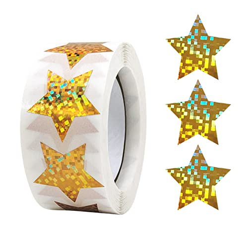 Bekecidi 500 STÜCKE Goldene Sternaufkleber, 1 Rolle selbstklebende goldene Sterne, 2,5 cm Belohnungstabellen-Aufkleber, holografische Stern-Metallic-Aufkleber für Kinder, Lehrer(Style-D) von Bekecidi