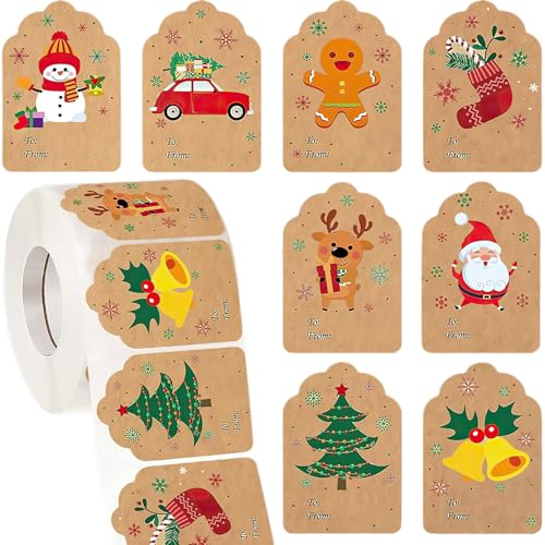 Bekecidi 500 Stück Weihnachtsaufkleber, Weihnachtsetiketten-Aufkleber, Kraftpapier, Weihnachts-Namensschilder, Aufkleber, selbstklebende Weihnachtsanhänger, Aufkleber für Geschenk, Weihnachtskarten, von Bekecidi