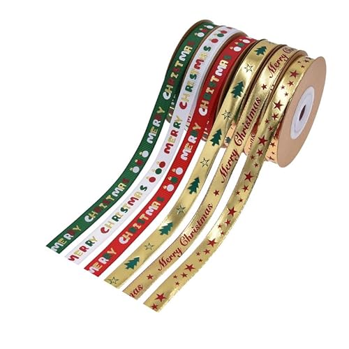 Bekecidi 6 Rollen Weihnachtsband zum Verpacken von Geschenken, 10 mm bedrucktes Ripsband aus Polyester-Satin zum Basteln von Schleifen, Geschenken, Kränzen, Baumschmuck (30 Yard) von Bekecidi