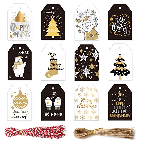 Bekecidi 96 Stück Geschenkanhänger Weihnachten Weihnachtsanhänger Xmas Hang Tag Etiketten Weihnachten mit Schnur und Baumwollgarn für Geschenk Verpackung, Weihnachten DIY Handwerk (A6) von Bekecidi