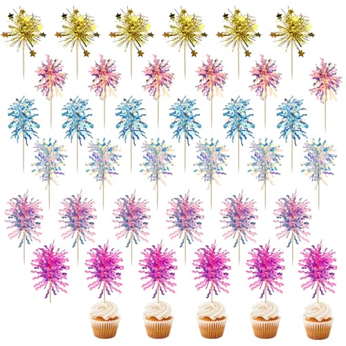 Bekecidi Cupcake-Topper, 60 Stück, bunt, glitzerndes Lametta-Feuerwerk, Cupcake-Topper, glitzerndes Lametta, Cocktail-Obst-Zahnstocher für Kuchendekoration, Partyzubehör (6 Farben) von Bekecidi