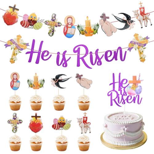 Bekecidi Eater Party Dekorationen Set, 11 Stück Happy Eater Hanging Banner & Cake Topper, Jesus Kreuz Huhn Egg Element Ostern Dekor für Paety Home School Office von Bekecidi