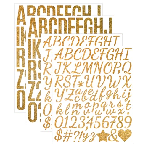 Bekecidi Glitzernde Goldene Buchstaben Aufkleber, 4 Blatt Vinyl-Buchstaben Aufkleber Zahlen Aufkleber, Selbstklebende Kleine Klebrige Buchstaben, Wasserdichte Alphabet Aufkleber für Briefkasten von Bekecidi