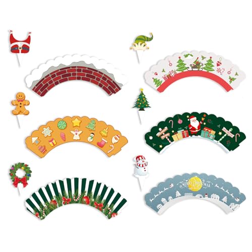 Bekecidi Weihnachts-Cupcake-Topper und -Verpackungen – 48-teiliges Set – Schneemann, Weihnachtsmann, Rentier und Elfe – Weihnachtsparty-Essentials – Großartig für Feiern, Events und Dekorationen von Bekecidi