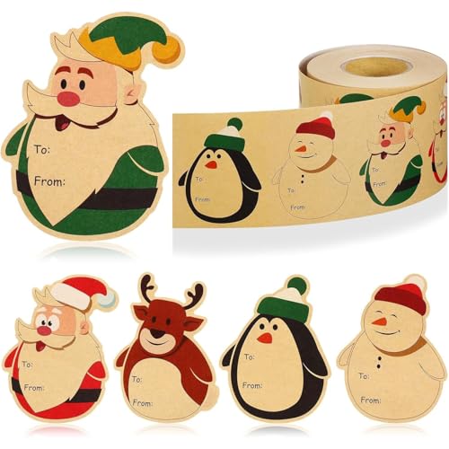 Bekecidi Weihnachts-Etiketten-Aufkleber, beschreibbare Weihnachts-Namensschilder in 4 Designs, selbstklebendes Kraftpapier, Weihnachts-Geschenkanhänger, Weihnachts-Etiketten für Geschenkboxen, von Bekecidi