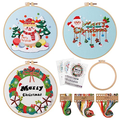 Bekecidi Weihnachts Stickset, 3 Weihnachtsmuster Sets mit 1 Bambus Stickrahmen, Weihnachtsmann Schneemann Weihnachtsbaum Muster Kollektion für Weihnachtsdekoration Festival Geschenk(Stil 1) von Bekecidi