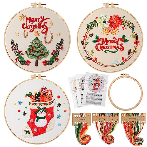 Bekecidi Weihnachts Stickset, 3 Weihnachtsmuster Sets mit 1 Bambus Stickrahmen, Weihnachtsmann Schneemann Weihnachtsbaum Muster Kollektion für Weihnachtsdekoration Festival Geschenk(Stil 2) von Bekecidi