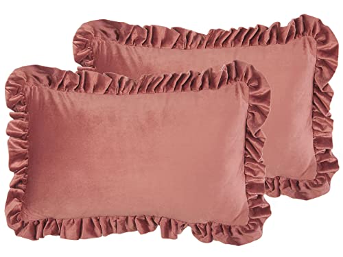 Beliani Dekokissen 2er Set Samtstoff Rosa mit Rüschen 30 x 50 cm Glamour Retro Kalanchoe von Beliani