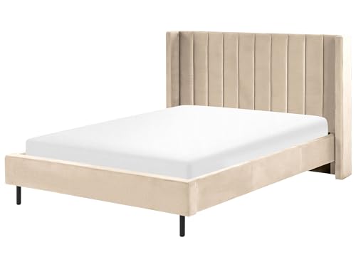 Beliani Elegantes Doppelbett aus Samtstoff 140 x 200 cm hohes Kopfteil beige Villette von Beliani