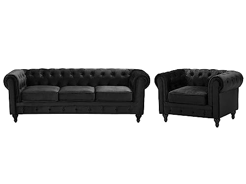 Beliani Wohnzimmer Set Sofa Sessel Samtstoff englischer Stil schwarz Chesterfield von Beliani