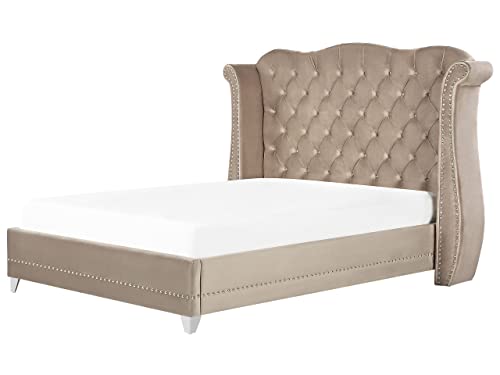 Bett Samtstoff im Chesterfield Stil hohes Kopfteil Taupe 180 x 200 cm Ayette von Beliani