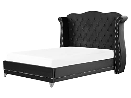 Bett Samtstoff im Chesterfield Stil hohes Kopfteil schwarz 160 x 200 cm Ayette von Beliani