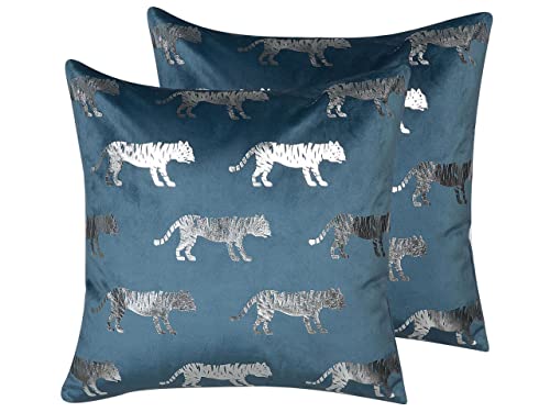 Dekokissen 2er Set 45x45 cm Samtstoff Tiermotiv Muster blau/silber Bluebell von Beliani