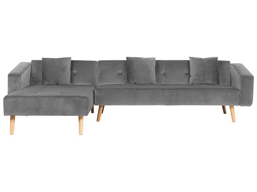 Beliani Ecksofa rechtsseitig Retro Stil Samtstoff grau mit Zierkissen Vadso von Beliani