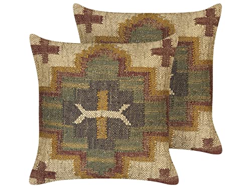 Kelim Dekokissen 2er Set Jute / Wolle beige / bunt 45x45 cm orientalisch Pulicat von Beliani