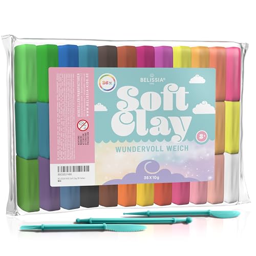 Belissia Kids Soft Clay Spiel Ton | 36 Farben á 10 Gramm | weiche, Dehnbare Modelliermasse | lufttrocknend - inkl. Werkzeuge | für Schleim, Knete, Cosplay und Modellierarbeiten von Belissia