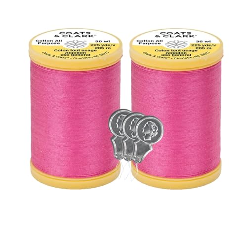 Coats & Clark Baumwoll-Allzweck-Nähgarn, 100 % merzerisierte Baumwolle, 225 Meter pro Spule, S970, 2er-Pack Bündel mit 3 Bella's Crafts Nadeleinfädlern, Hot Pink von Bella's Crafts