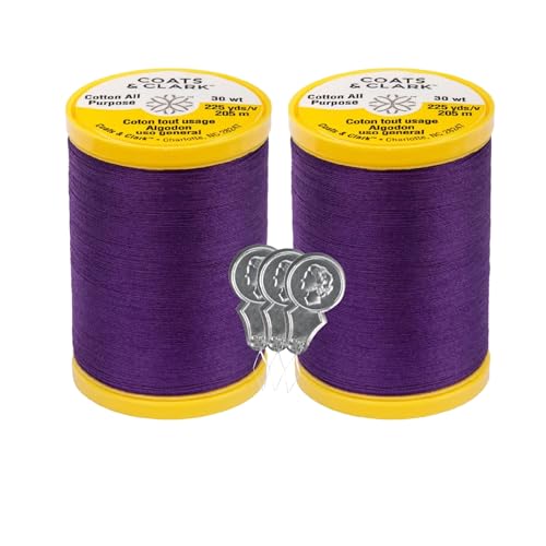 Coats & Clark Baumwoll-Allzweck-Nähgarn, 100 % merzerisierte Baumwolle, 225 Meter pro Spule, S970, 2er-Pack Bündel mit 3 Bella's Crafts Nadeleinfädlern, Violett von Bella's Crafts