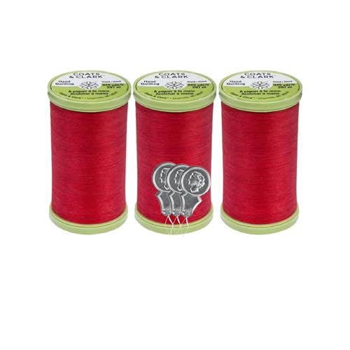 Coats & Clark Handsteppgarn, Polyester mit Baumwollüberzug, 300 m, S960, 3er-Pack Bündel mit 3 Bella's Crafts Nadeleinfädlern, Rot von Bella's Crafts