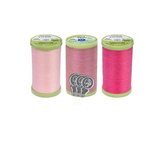 Coats & Clark Handsteppgarn, Polyester mit Baumwollüberzug, 300 m, S960, 3er-Pack Bündel mit 3 Bella's Crafts Nadeleinfädlern (Rosa, Mandel, Pink, Hot Pink) von Bella's Crafts