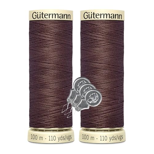 Gütermann Nähgarn, 100 Meter pro Polyester, 2er-Pack Bündel mit Bella's Crafts Nadeleinfädler (575 – Sattelbraun) von Bella's Crafts