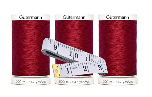 Gütermann Nähgarn, je 500 m, 3er-Pack Bündel mit Bella's Crafts weichem Maßband, Chilirot – 420 von Bella's Crafts