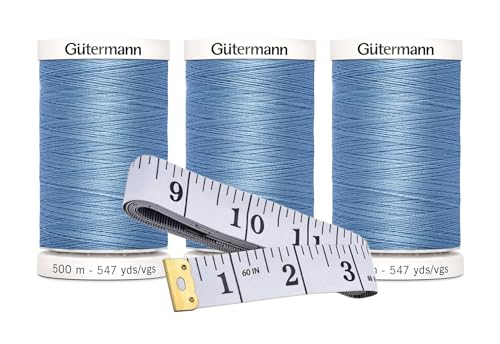 Gütermann Nähgarn, je 500 m, 3er-Pack Bündel mit Bella's Crafts weichem Maßband (Copen Blue, 227) von Bella's Crafts