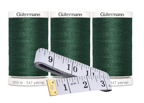 Gütermann Nähgarn (je 500 m), 3er-Pack Bündel mit Bella's Crafts weichem Maßband, Dunkelgrün – 788 von Bella's Crafts