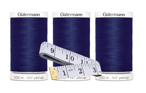 Gütermann Nähgarn (je 500 m), 3er-Pack Bündel mit Bella's Crafts weichem Maßband (Brite Navy – 266) von Bella's Crafts