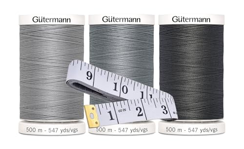 Gütermann Nähgarn (je 500 m), 3er-Pack Bündel mit Bella's Crafts weichem Maßband (Grau-Mix) von Bella's Crafts