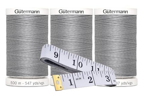 Gütermann Nähgarn (je 500 m), 3er-Pack Bündel mit Bella's Crafts weichem Maßband (Nebelgrau – 102) von Bella's Crafts