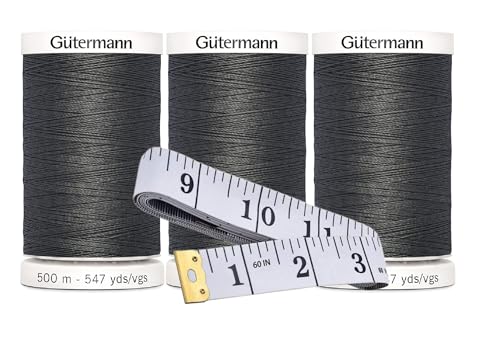 Gütermann Nähgarn (je 500 m), 3er-Pack Bündel mit Bella's Crafts weichem Maßband (Smoke - 116) von Bella's Crafts