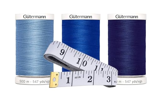 Gütermann Nähgarn (je 500 m), 3er-Pack Bündel mit Bella's Crafts weichem Maßband (blaue Mischung) von Bella's Crafts