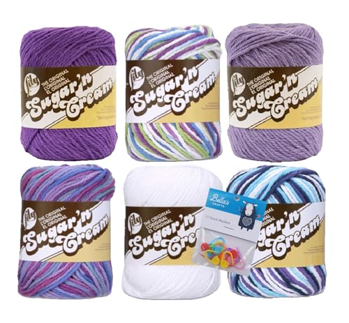 Lily Sugar'n Cream, 100 % Baumwollgarn, 6er-Pack, Bündel mit Bella's Crafts Maschenmarkierern (Purple Mix 2) von Bella's Crafts